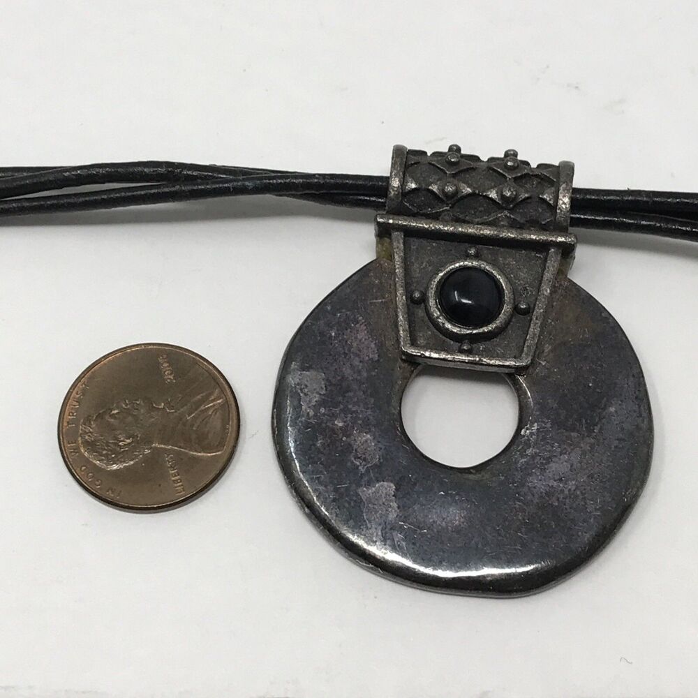 CHICO'S Pendant Necklace Black Silver Tone Disc Multi Strand